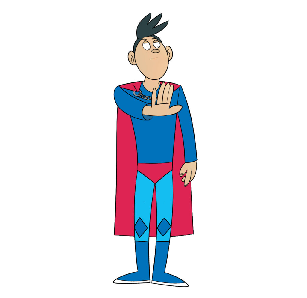 Tekening van Superman die zijn rechterarm heeft uitgestrekt. Met zijn hand geeft hij het stop-teken.