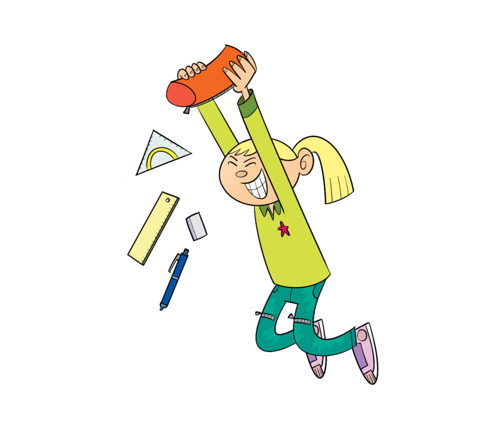 Tekening van een heel blij kind dat in de lucht springt. Het kind heeft een pennenzak in zijn uitgestrekte handen. Daaruit vallen een geodriek, pen, lineaal en gum.